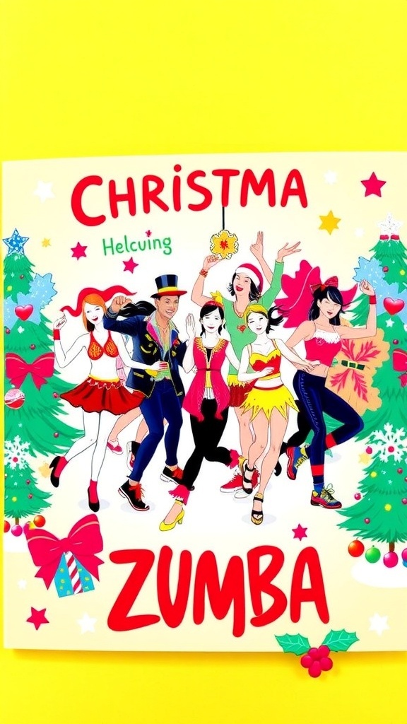 A festive Zumba Christmas card with dancers and holiday decorations.
